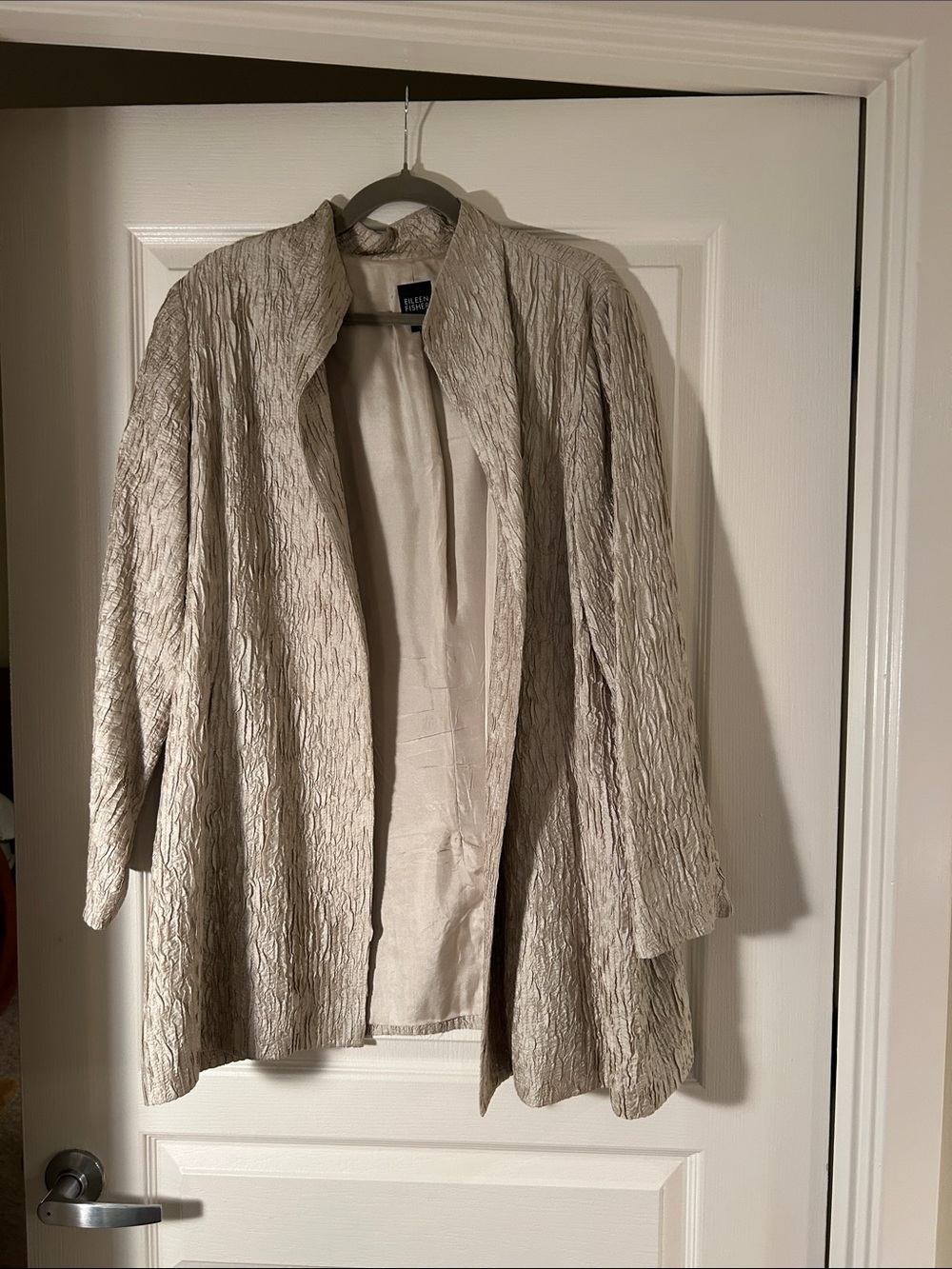 Eileen Fisher Neutral Crinkled Open-Front Silk Jacket
